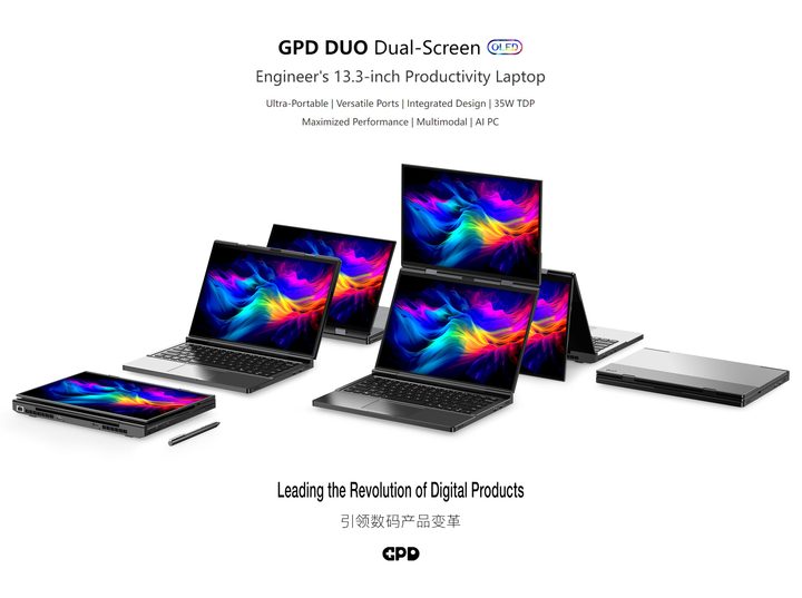 GPD dual-screen laptop in different configurations.