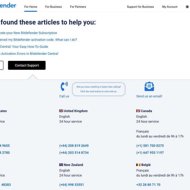 It's easy to find live chat, phone and email support on Bitdefender's website.