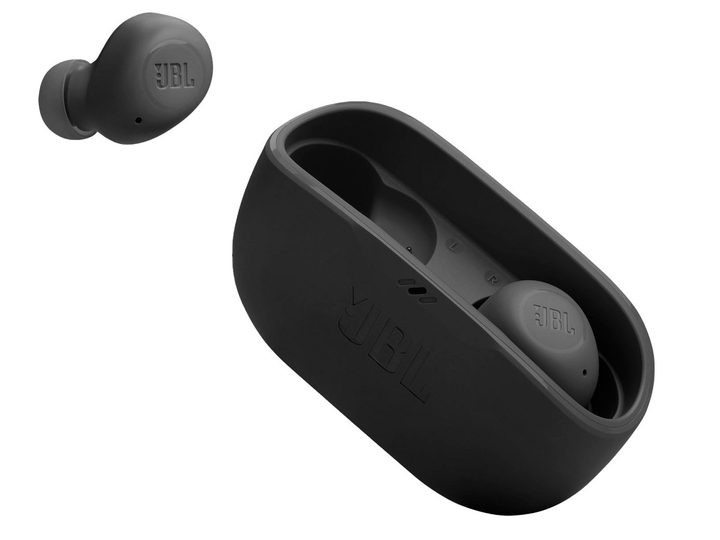 The JBL Vibe Buds wireless earbuds with their charging case.