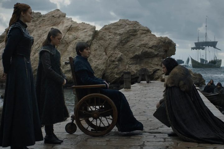 Jon Snow kneels before Bran Stark in the Game of Thrones finale.