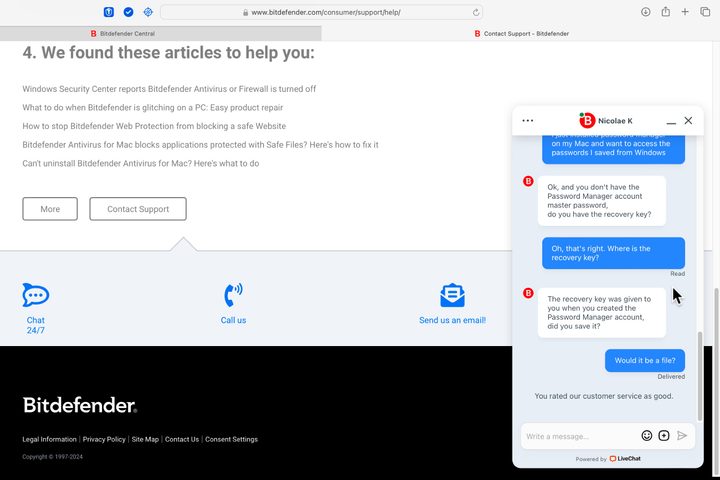 Live chat was super-fast and helpful when I contacted Bitdefender on a Saturday.