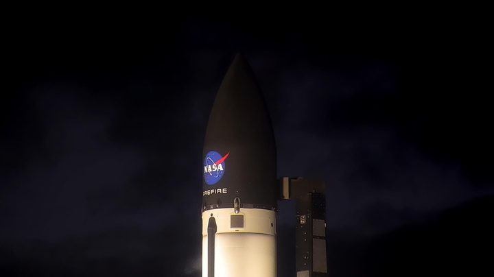 The first of two CubeSats for the PREFIRE mission sits on a launch pad in Māhia, New Zealand, shortly before launching on May 25, 2024 at 7:41 p.m. NZST (3:41 a.m. EDT).