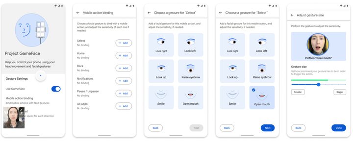 Project GameFace for Android configuration options.