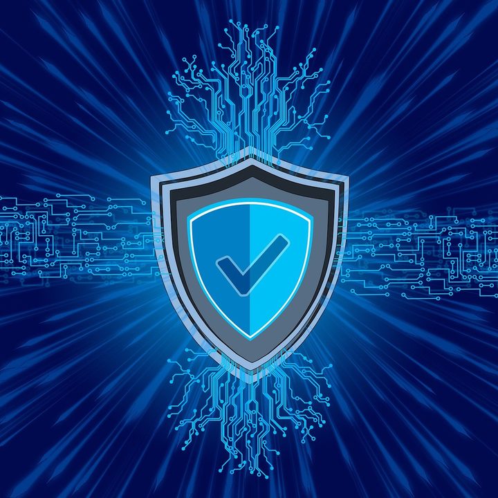 Security protection symbol on a blue technology background.