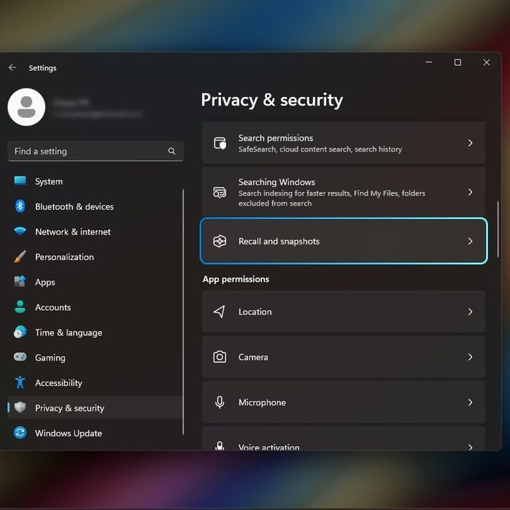 Privacy and security page in Windows 11 settings showing Recall and snapshots AI option.