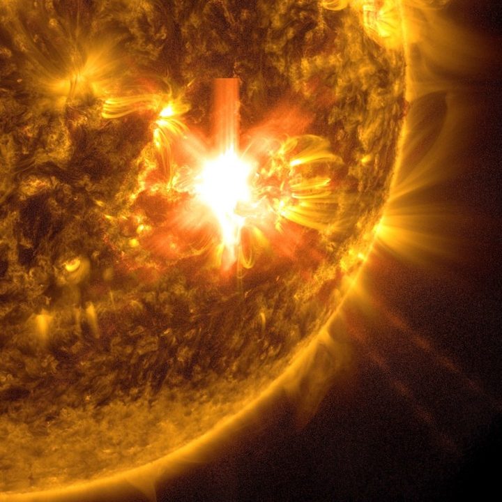 NASA&rsquo;s Solar Dynamics Observatory captured this image of a solar flare &ndash; as seen in the bright flash toward the middle of the image &ndash; on May 10, 2024. The image shows a subset of extreme ultraviolet light that highlights the extremely hot material in flares and which is colorized in gold. 