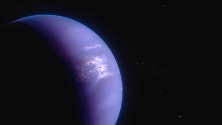 This artist’s concept shows what the hot gas-giant exoplanet WASP-43 b could look like. WASP-43 b is a Jupiter-sized planet circling a star roughly 280 light-years away, in the constellation Sextans. The planet orbits at a distance of about 1.3 million miles (0.014 astronomical units, or AU), completing one circuit in about 19.5 hours. Because it is so close to its star, WASP-43 b is probably tidally locked: its rotation rate and orbital period are the same, such that one side faces the star at all times.