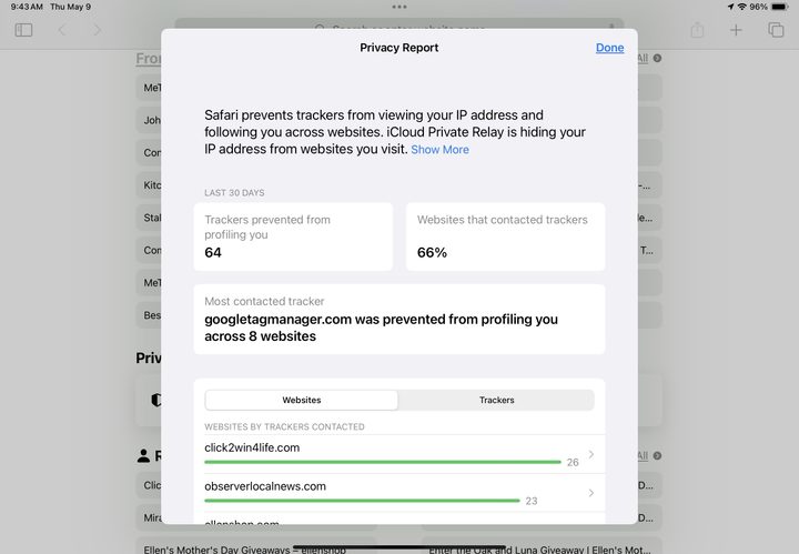 Privacy Report in Safari on an iPad.