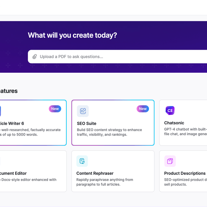 A screenshot of the Chatsonic AI tools page.