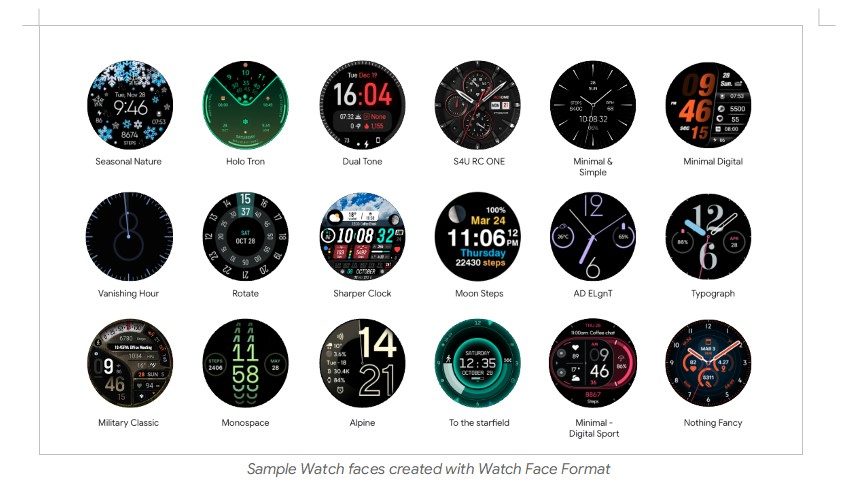 Sample watch faces created with Watch Face Format.