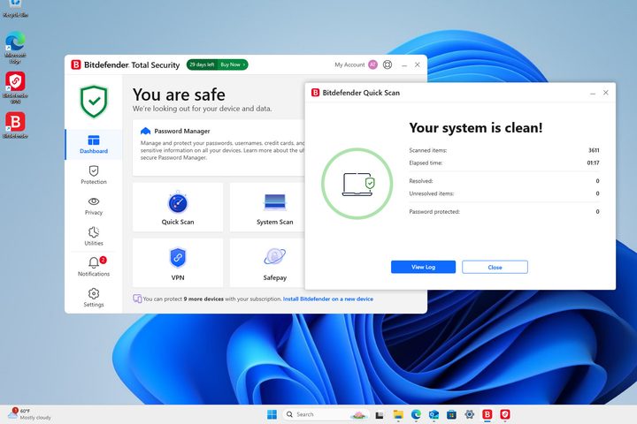 The Bitdefender dashboard shows if you're safe with easy controls to customize protection.