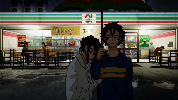 Two characters standing under an umbrella in Until Then.
