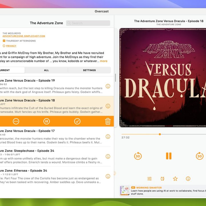 The Overcast app in macOS Sonoma.