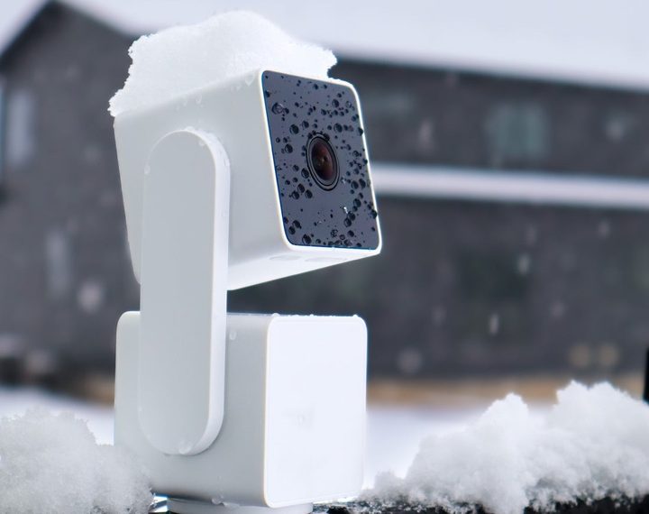The Wyze Cam Pan v3 with ice on its frame.