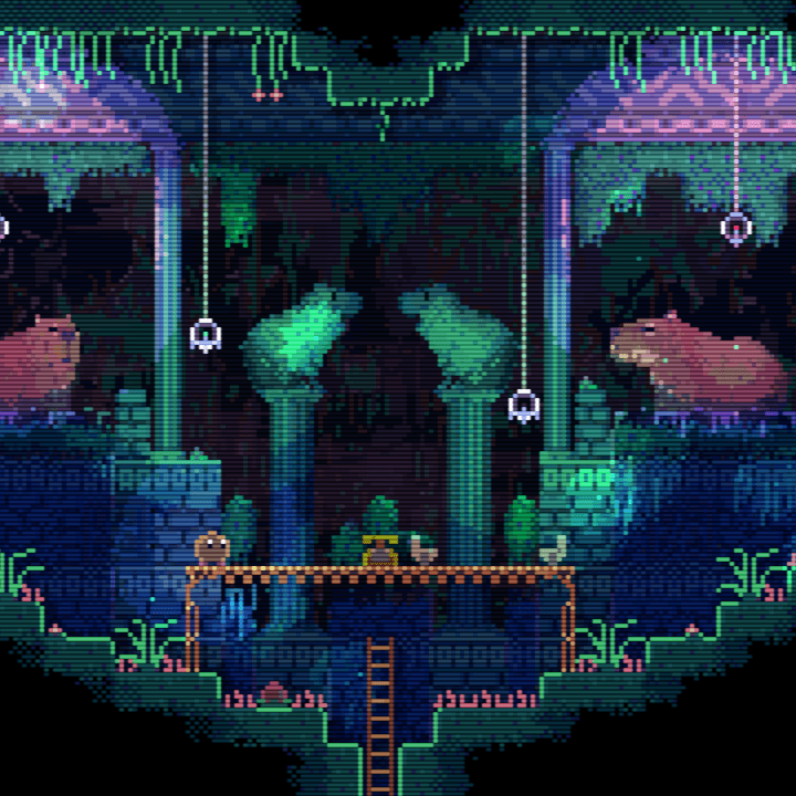 A blob stands in a capybara room in Animal Well.