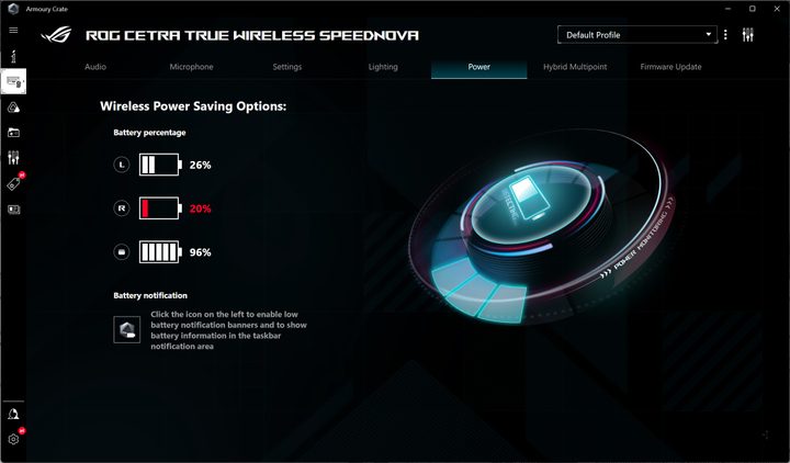 Asus Armoury Crate showing the battery life of the Cetra Speednova earbuds.