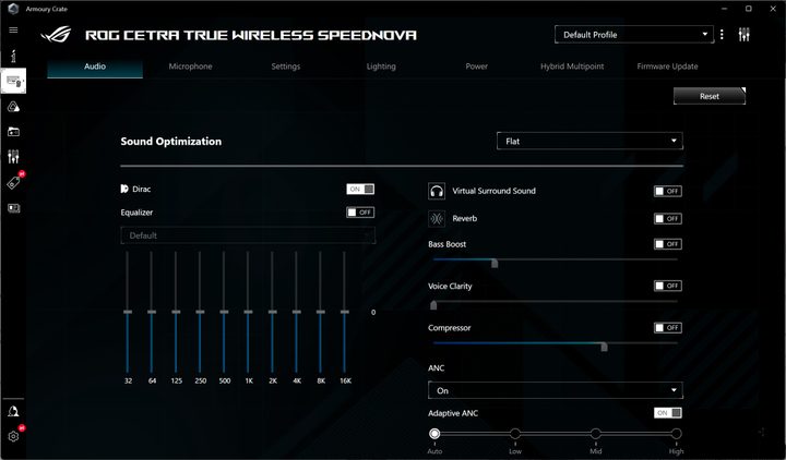 Customization options in Asus Armoury Crate for the Cetra Speednova earbuds.