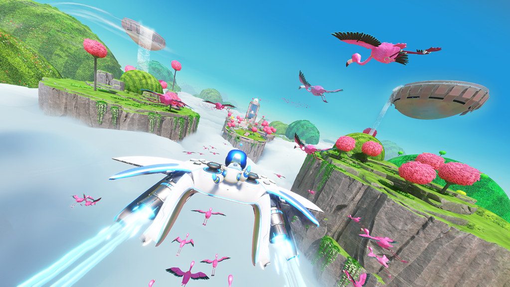 A robot flies on a controller in Astro Bot.