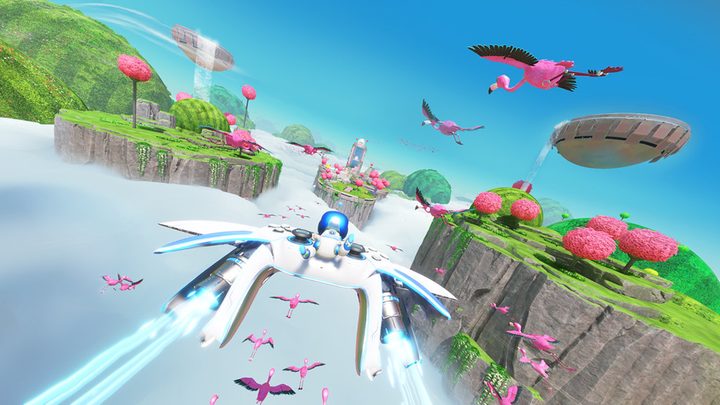 A robot flies on a controller in Astro Bot.