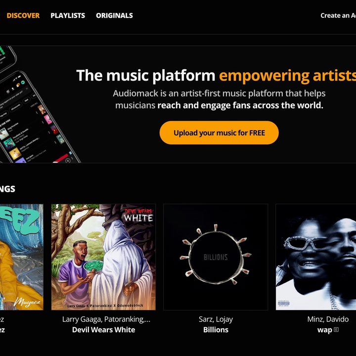 Tye home page of Audiomack.
