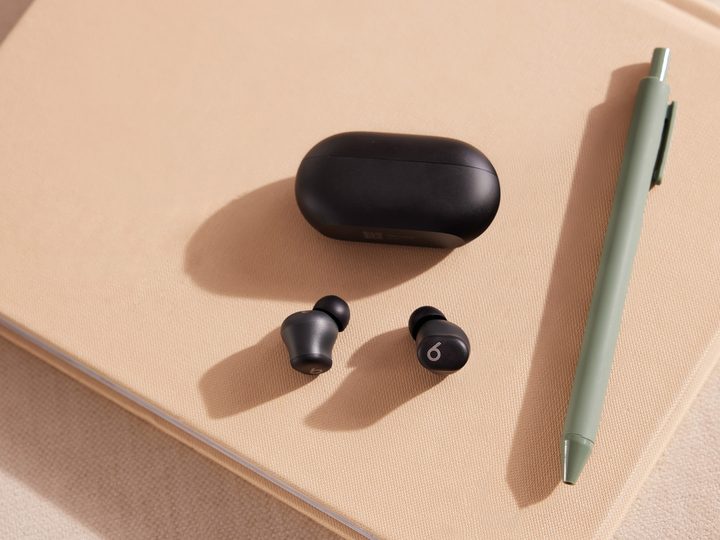The Beats Solo Buds in black, alongside their charging case.