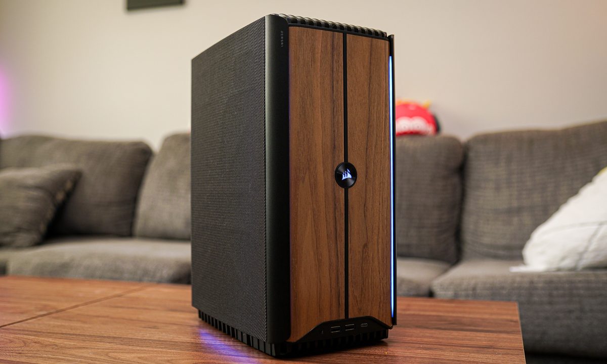 The Corsair One i500 sitting on a coffee table.