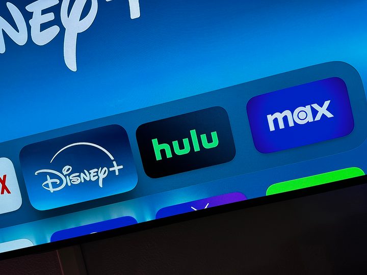 The Disney Plus, Hulu and Max icons on Apple TV.