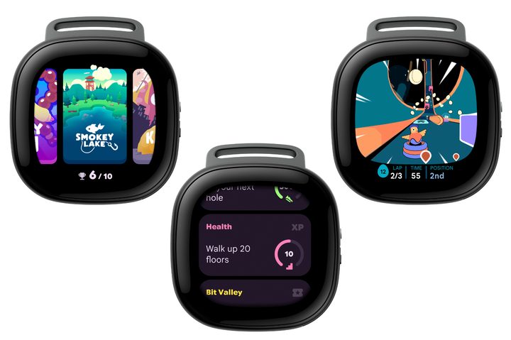 Screenshots of fitness games on the Fitbit Ace LTE.