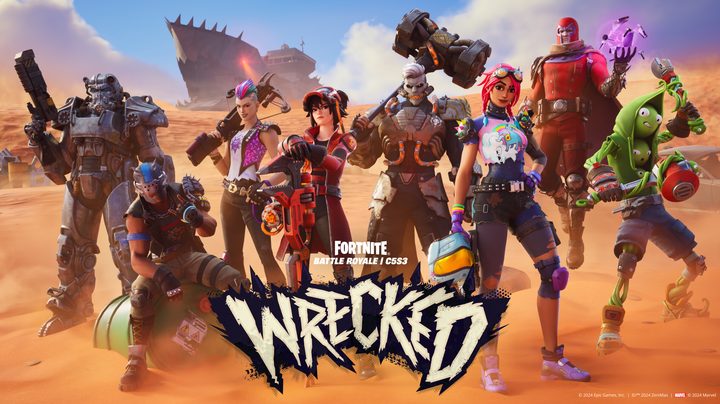 A bunch of Fortnite characters, including Magneto and somebody in Fallout power armor, standing in a desert with "Wrecked" spelled out on the bottom