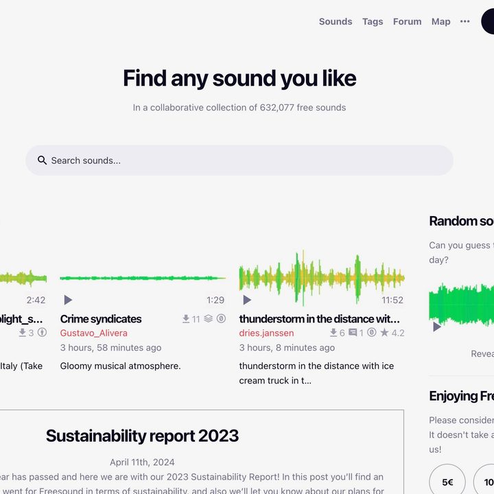 The Freesound website home page.