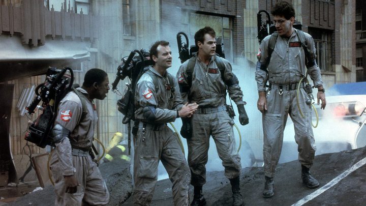 The men from the original Ghostbusters movie springing into action on the streets.