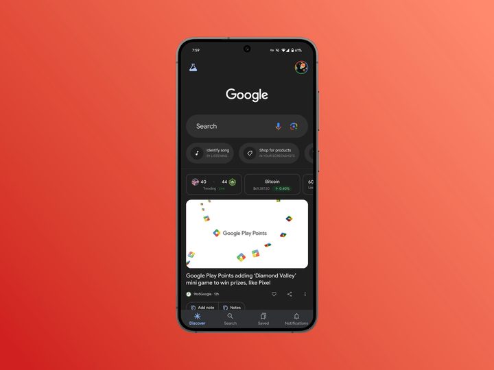 Google app on Android beta showing Notifications.