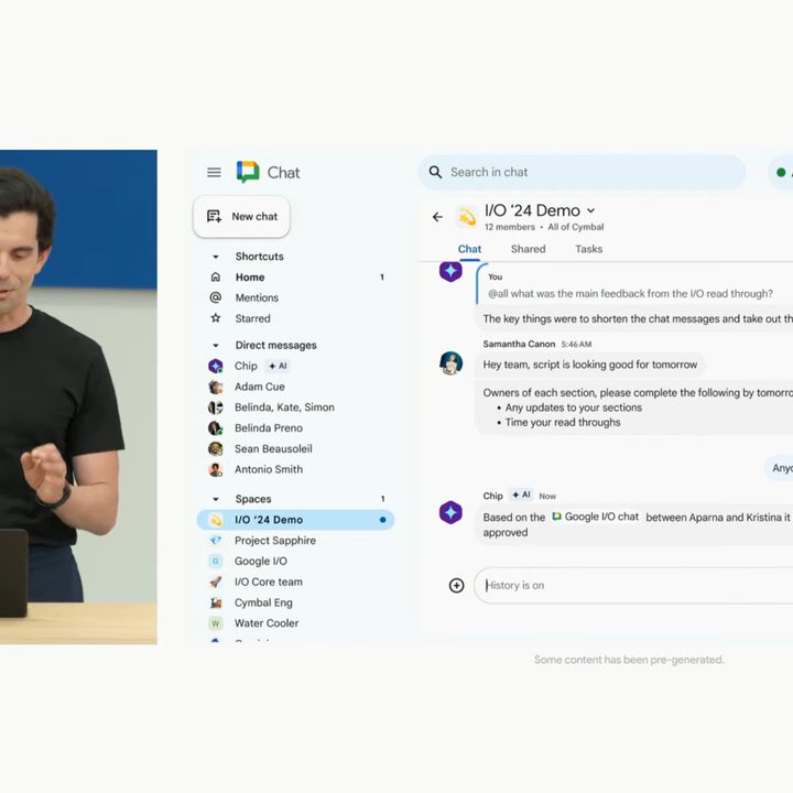 A screenshot from Google I/O showing an AI Teammate side by side with the presenter.