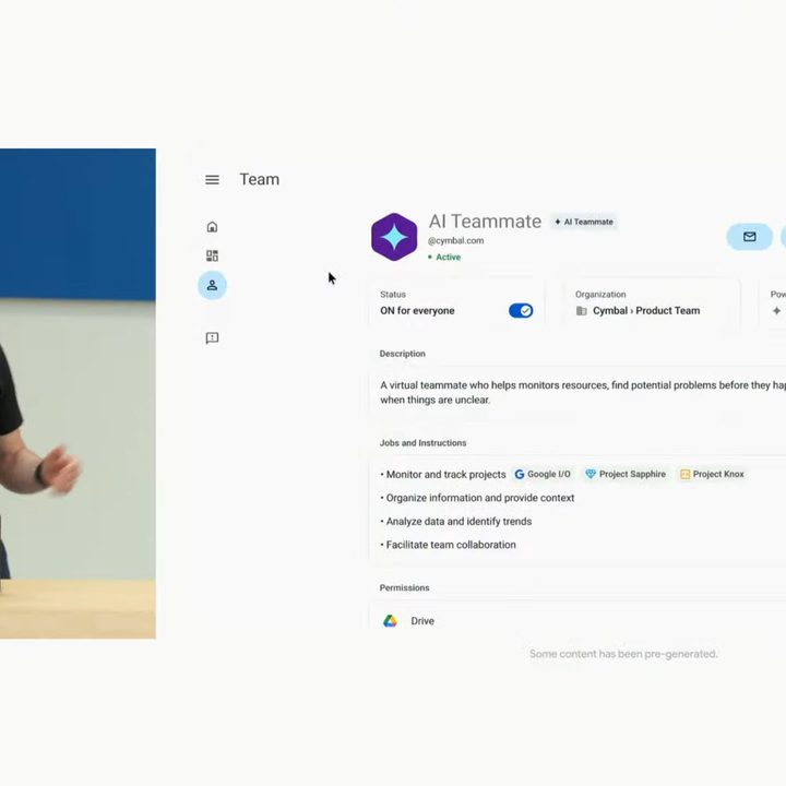 A screenshot fro Google I/O showing AI Teammates next to the presenter.