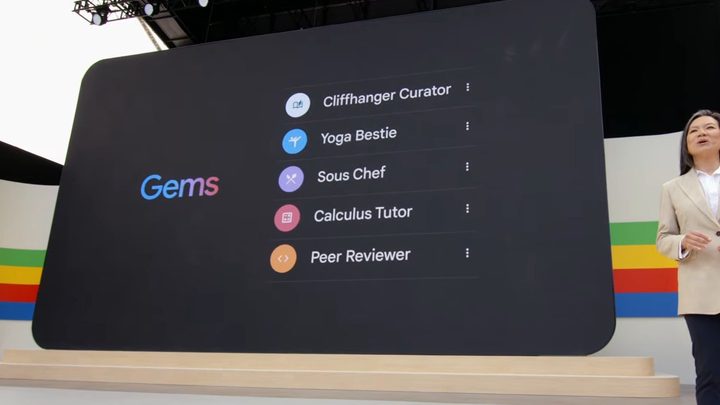 A screenshot from Google I/O with a slide on the screen about Gems.