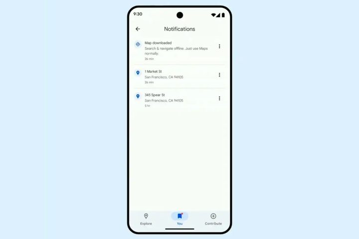 A screenshot of the redesigned Google Maps app, with three buttons in the navigation bar.