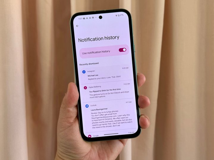Google Pixel 8a notification history.