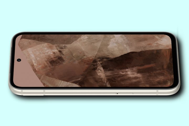A render of the Google Pixel 8a with its scree turned on. It's against a light blue background.