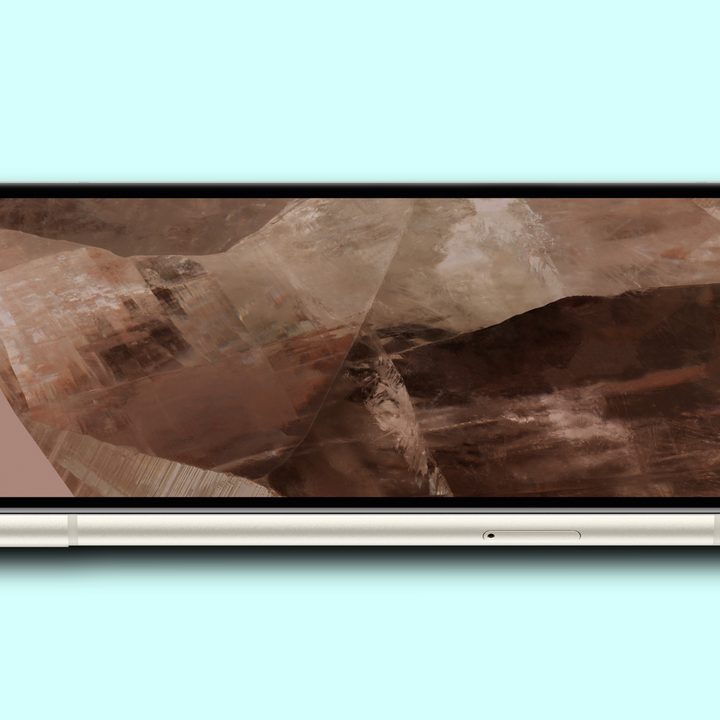 A render of the Google Pixel 8a with its scree turned on. It's against a light-blue background.