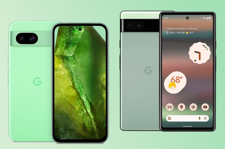 Renders of the Google Pixel 8a and Google Pixel 6a.
