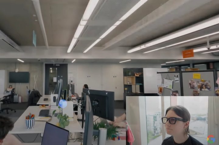 A screen capture from Google I/O 2024's keynote showing a person wearing smartglasses.
