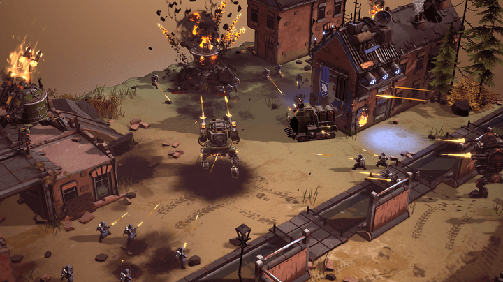 Mechs blast one another in Grit and Valor 1949.