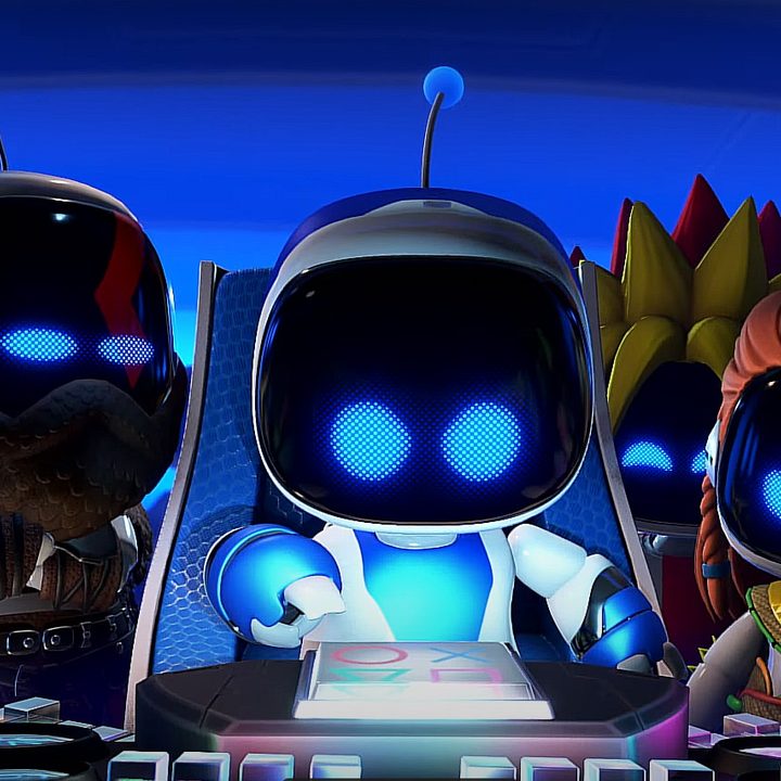 Astro Bot and its PlayStation character cameos, which include Aloy and Nathan Drake on the right. 
