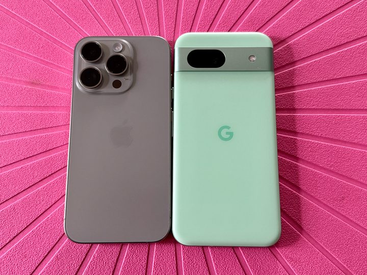 iPhone 15 Pro (left) and Google Pixel 8a.