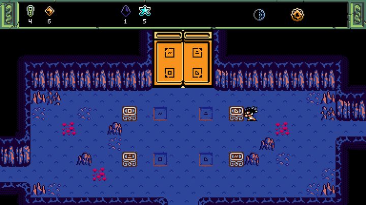 A character pushes a box near a gold door in Isles of Sea and Sky.