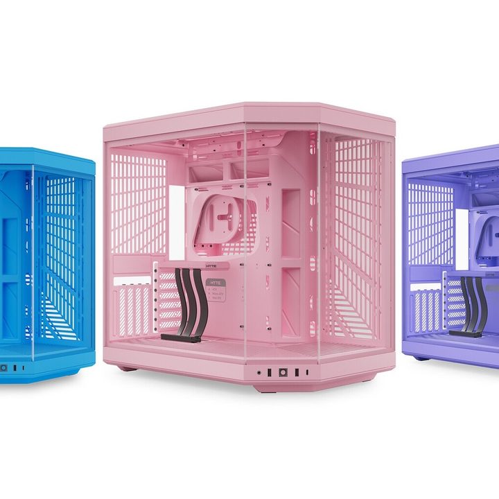 Three Hyte Milky Y70 cases: one blue, one pink, and one purple.