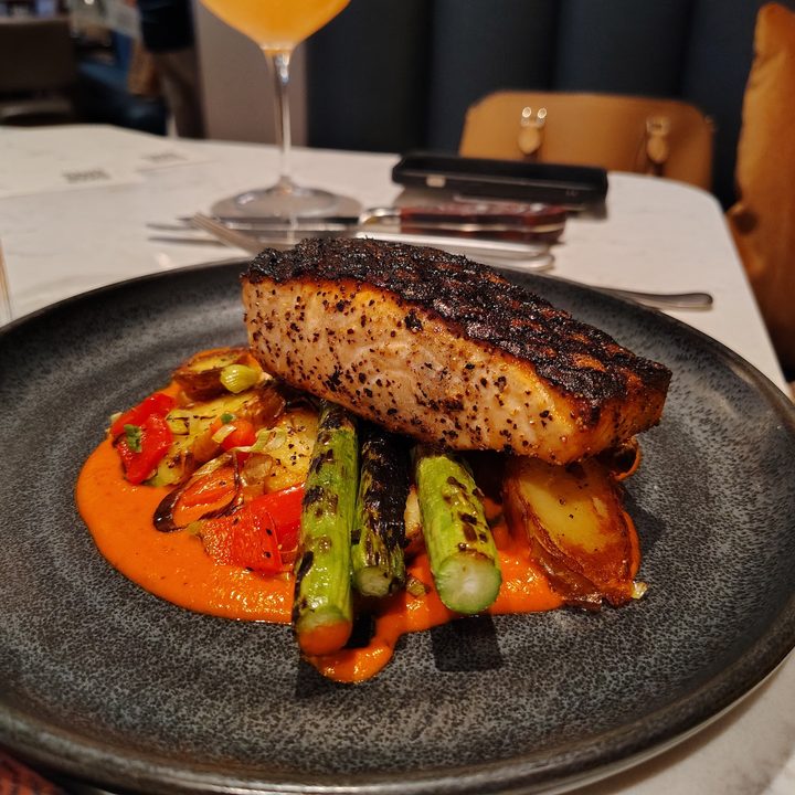 A photo of salmon at a fancy restaurant, taken with the Moto G Stylus 5G (2024).