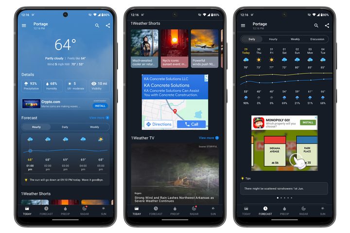Screenshots of the Weather app on the Moto G Stylus 5G (2024).