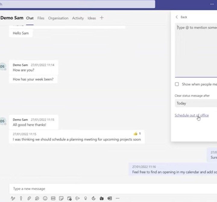‘Out of office’ reminder on Microsoft Teams.