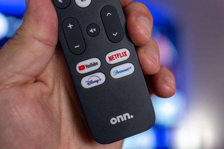 Dedicated buttons for YouTube, Netflix, Disney+, and Paramount+ on the Onn 4K Pro.